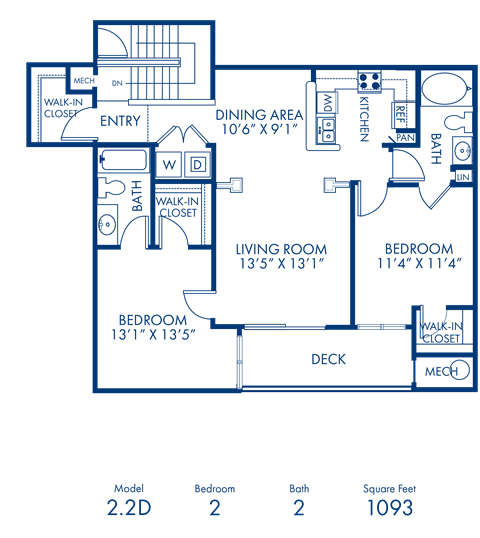 Floor plan for 2 beds, 2 baths, 1093 sqft